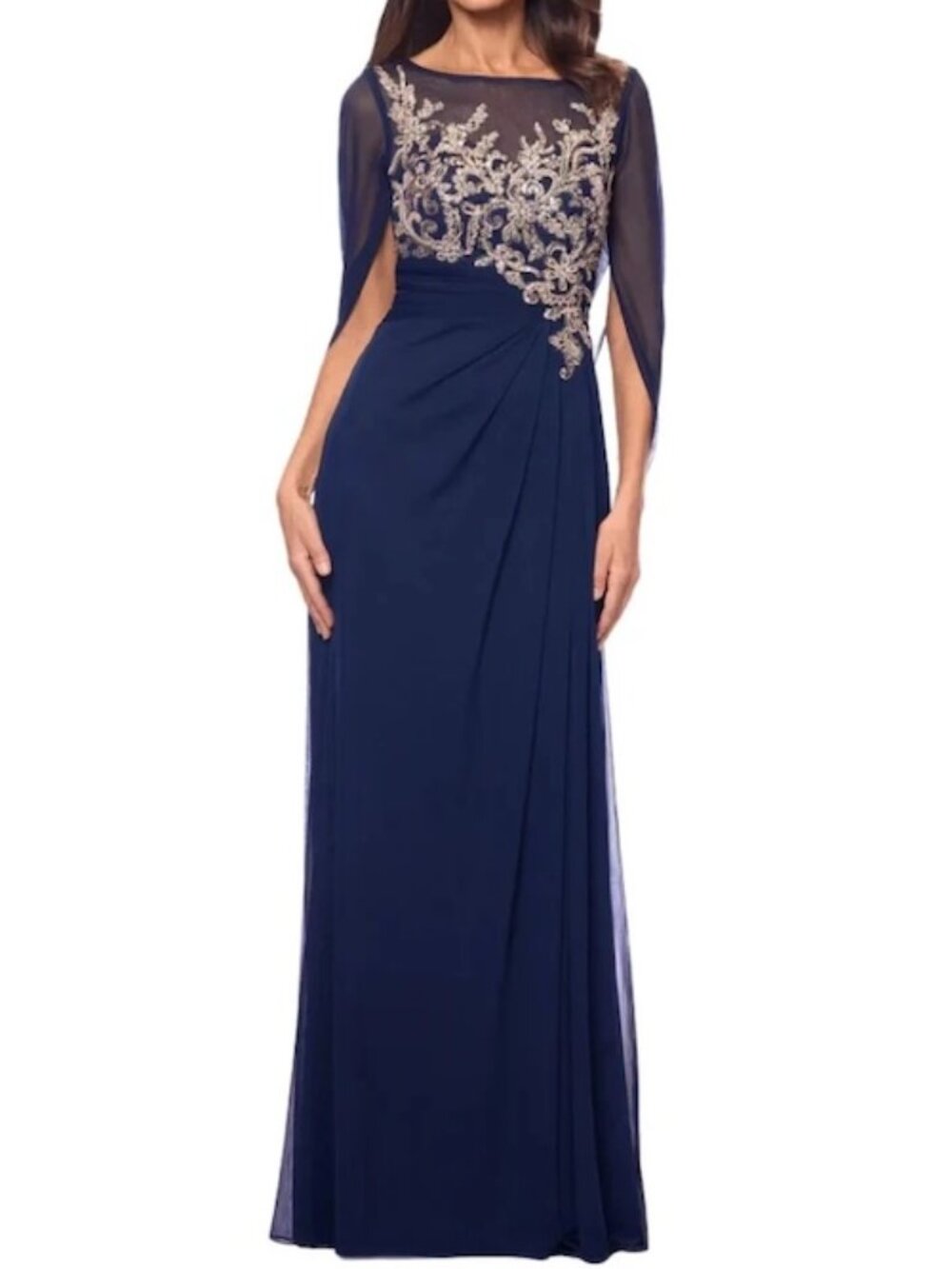 Betsy & Adam Navy Blue Rose Gold Floral-Applique Cape-Sleeve Gown